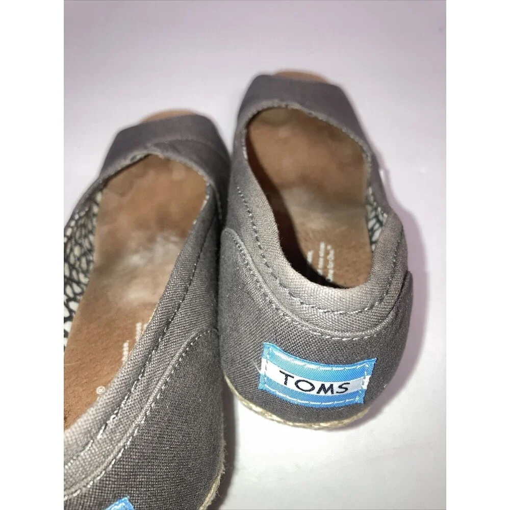 TOMS Calypso Grey Peep Toe Espadrille Wedge Canvas Sandals Heels Shoes Sz7